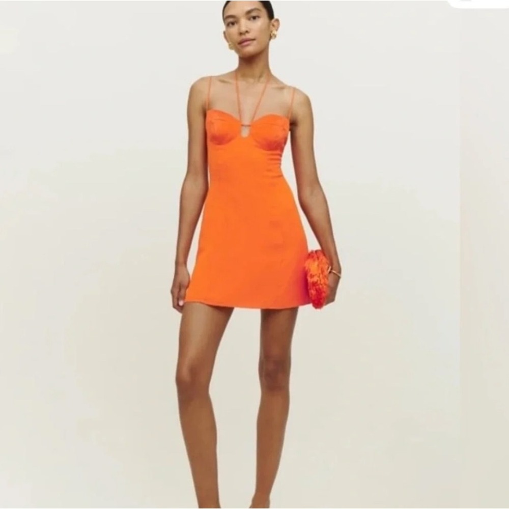 Reformation Orange Satin Crepe Halter Mini Dress Sweetheart Neckline Size 4